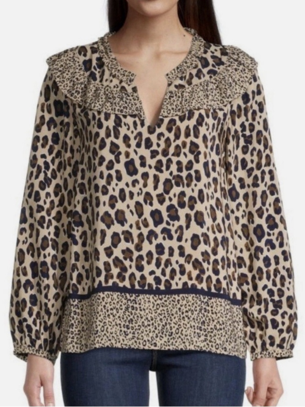 Vineyard Vines Cheetah Print Ruffle Yoke V Neck Blouse Women’s Size Medium
